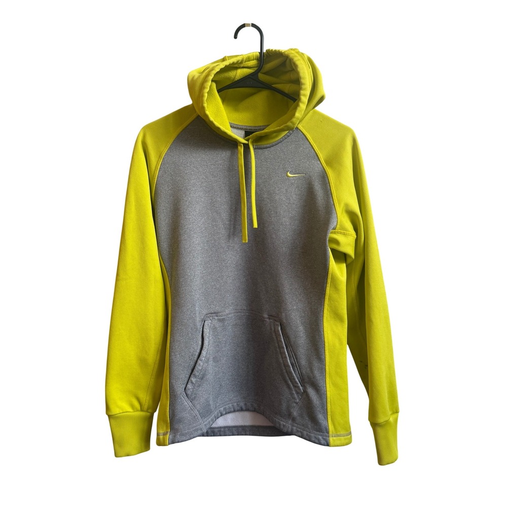 Nike Therma-FIT Hoodie Mens Small Gray Neon Yellow Raglan Pullover Sweatshirt S